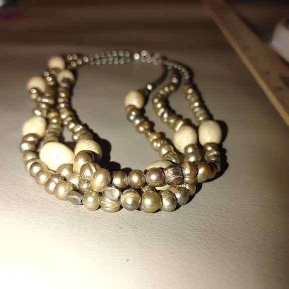 Cultured Pearl Necklace Baroque Sterling Stone Beige Cream Rock Statement Earth - Picture 4 of 16